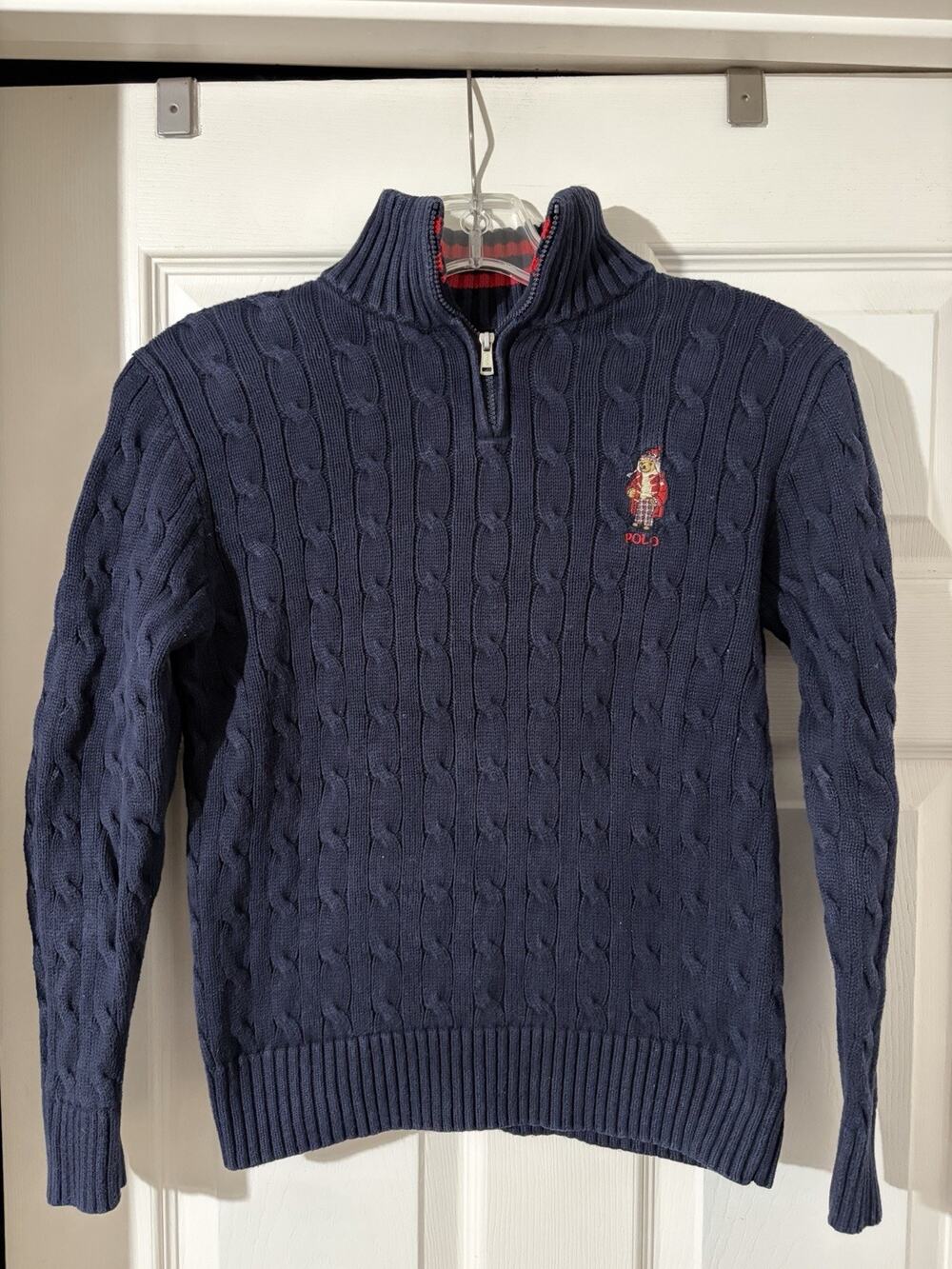 Polo Ralph Lauren Boys Polo Bear Cable-Knit Sweater Sz M 10/12 Blue 1/4 Zip